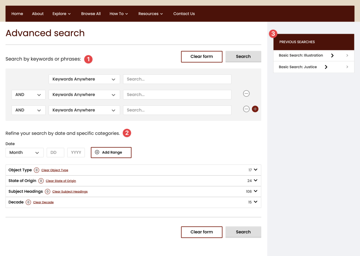 The advanced search interface with sections highlighted for keyword search, filters, and navigating previous searches