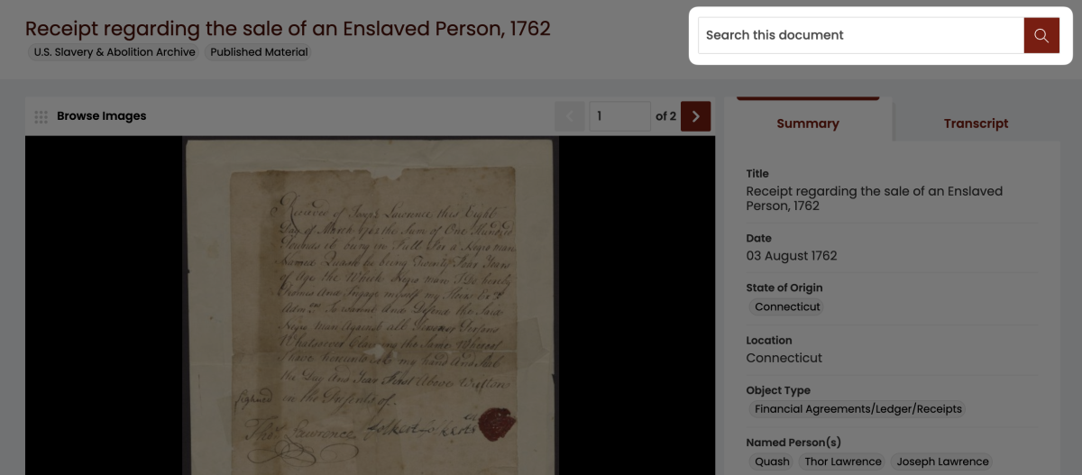 Search bar highlighted on an individual document page to emphasize being able to search within a single document