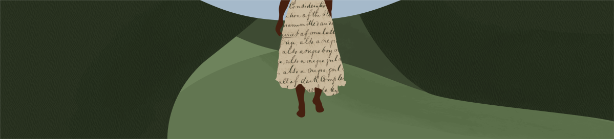 Woman in a long dress with text walks up a grassy hill toward the horizon, shown from mid-back.