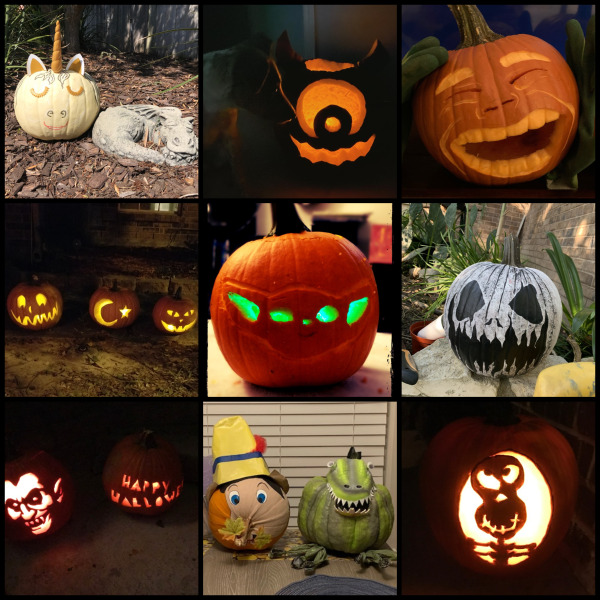 Collage of nine photos of carved pumpkins