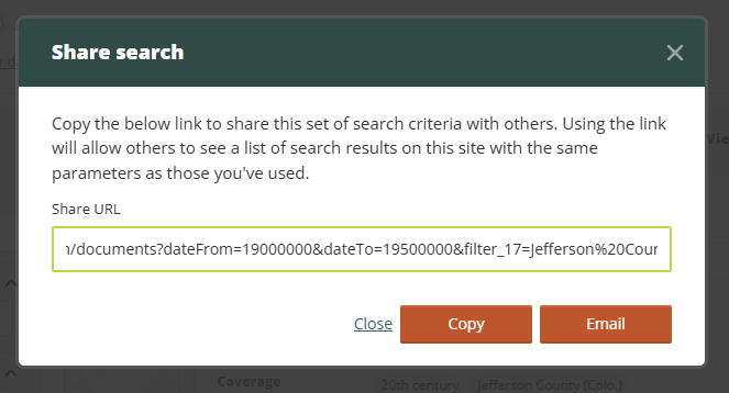 An example of a pop-up box displayed after clicking on the Share Search icon.
