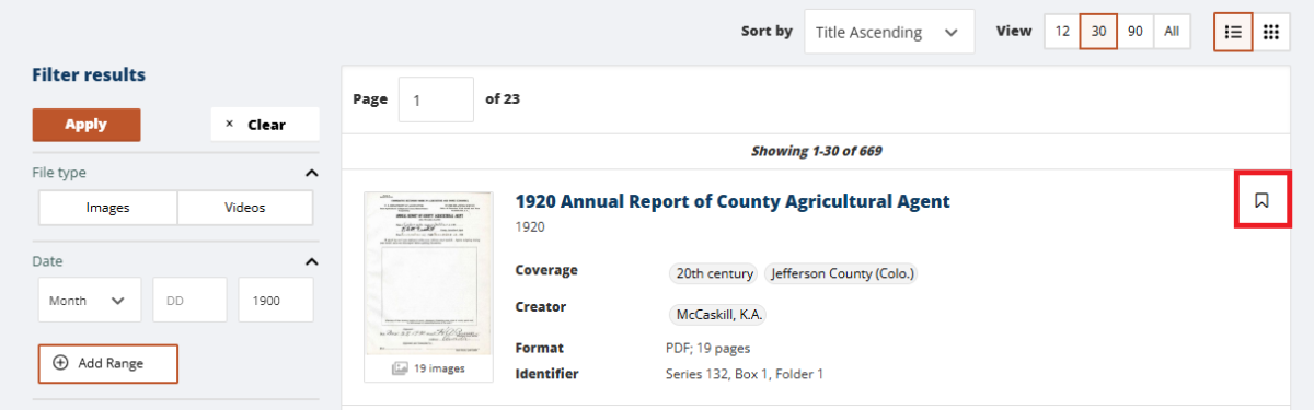 1.	An example of a search results page with a red box showing around the bookmark icon.