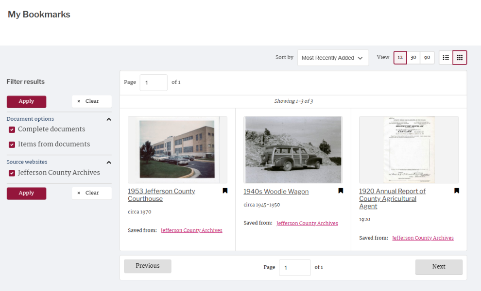 3.	An example of a page showing all bookmarked records and files visible after logging into My Account.