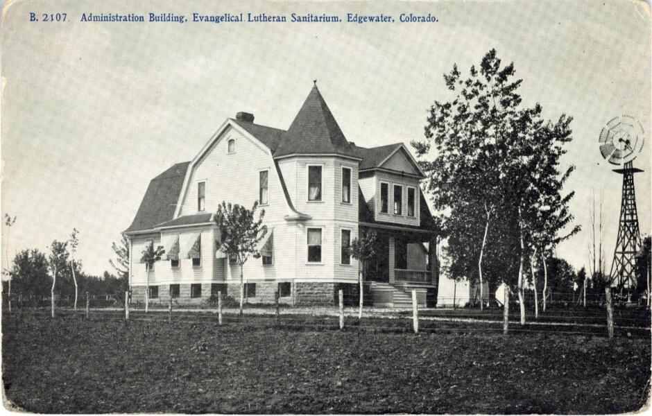 View of the house used as the administration building for the Evangelical Lutheran Sanitarium.