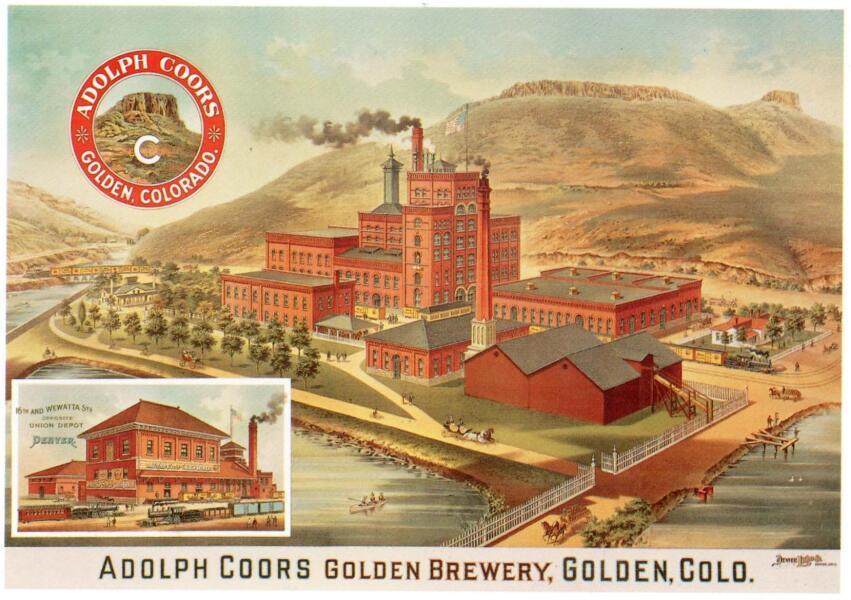 A reproduction of the Adolph Coors Brewery in Golden, Colorado, from a 1900 lithograph. Portrays the attention to landscaping, cleanliness and buildings of the brewery - designed to create a pleasant atmosphere for employees as well as visitors. Inset shows a related building owned by Coors at 16th and Wewatta Streets in Denver.