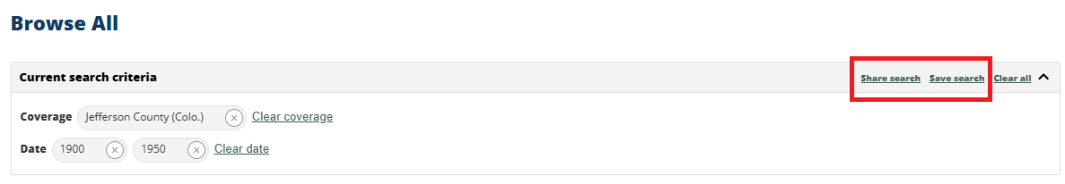 An example of a page showing the search criteria box with the Share search and Save search features highlighted by a red box.