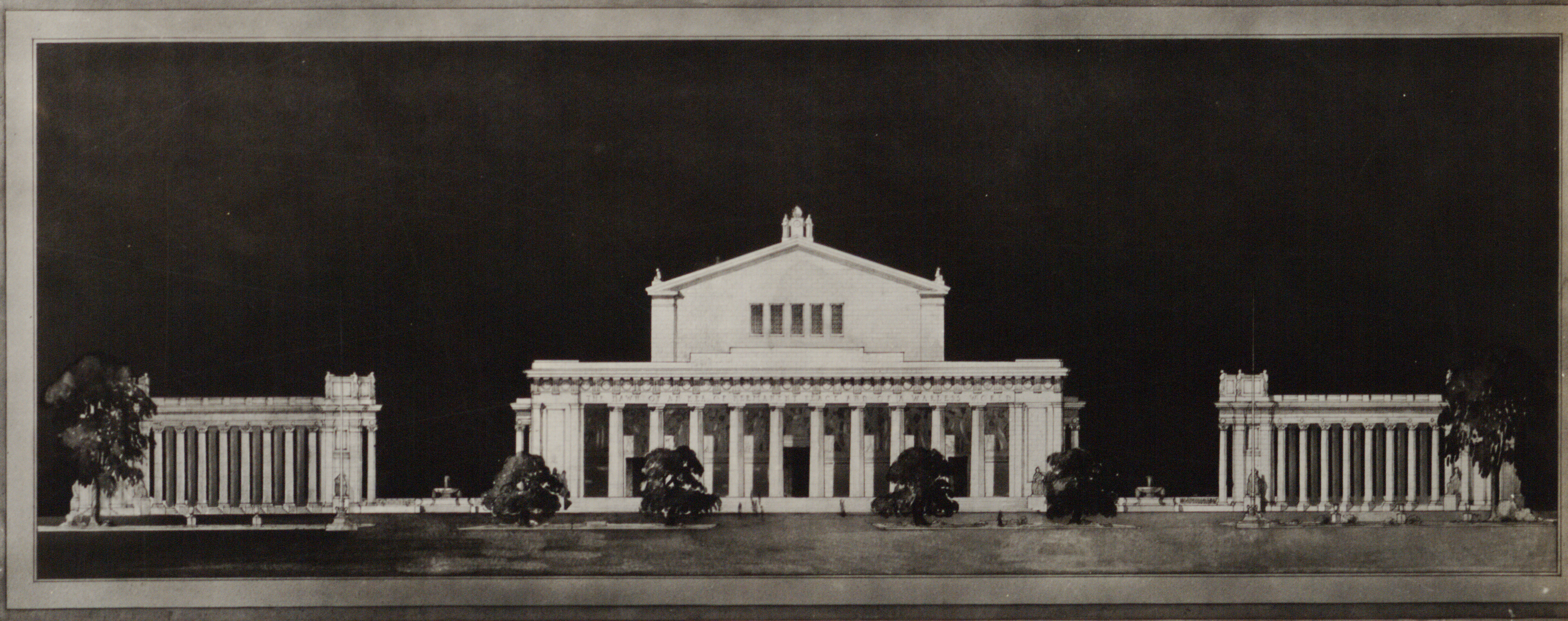 Rendering of three small buildings with columns.