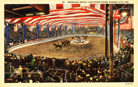 Postcard of a horse show occuring inside a large arena