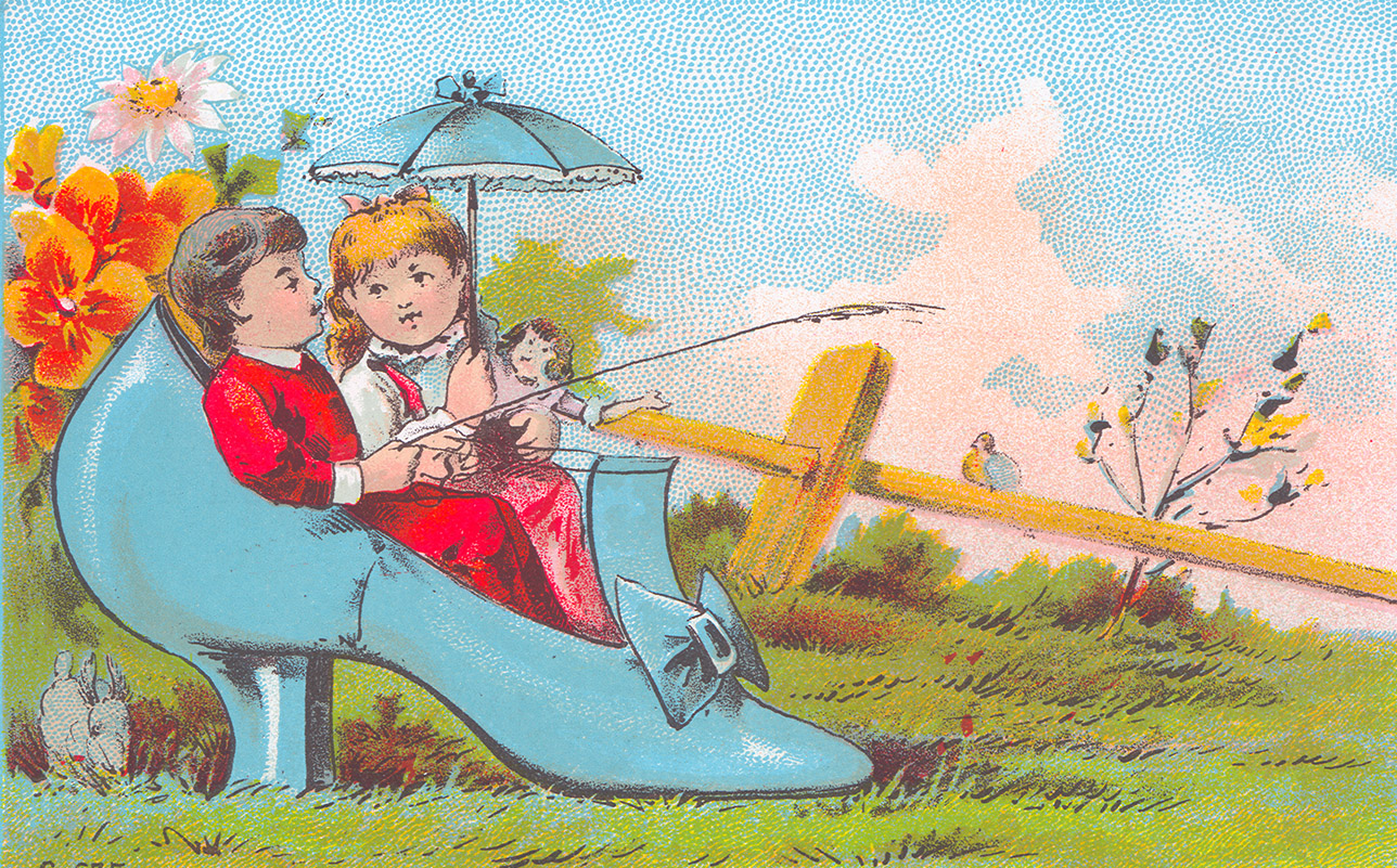 Color illustration of a young biy and girl sitting in an oversized woman's shoe