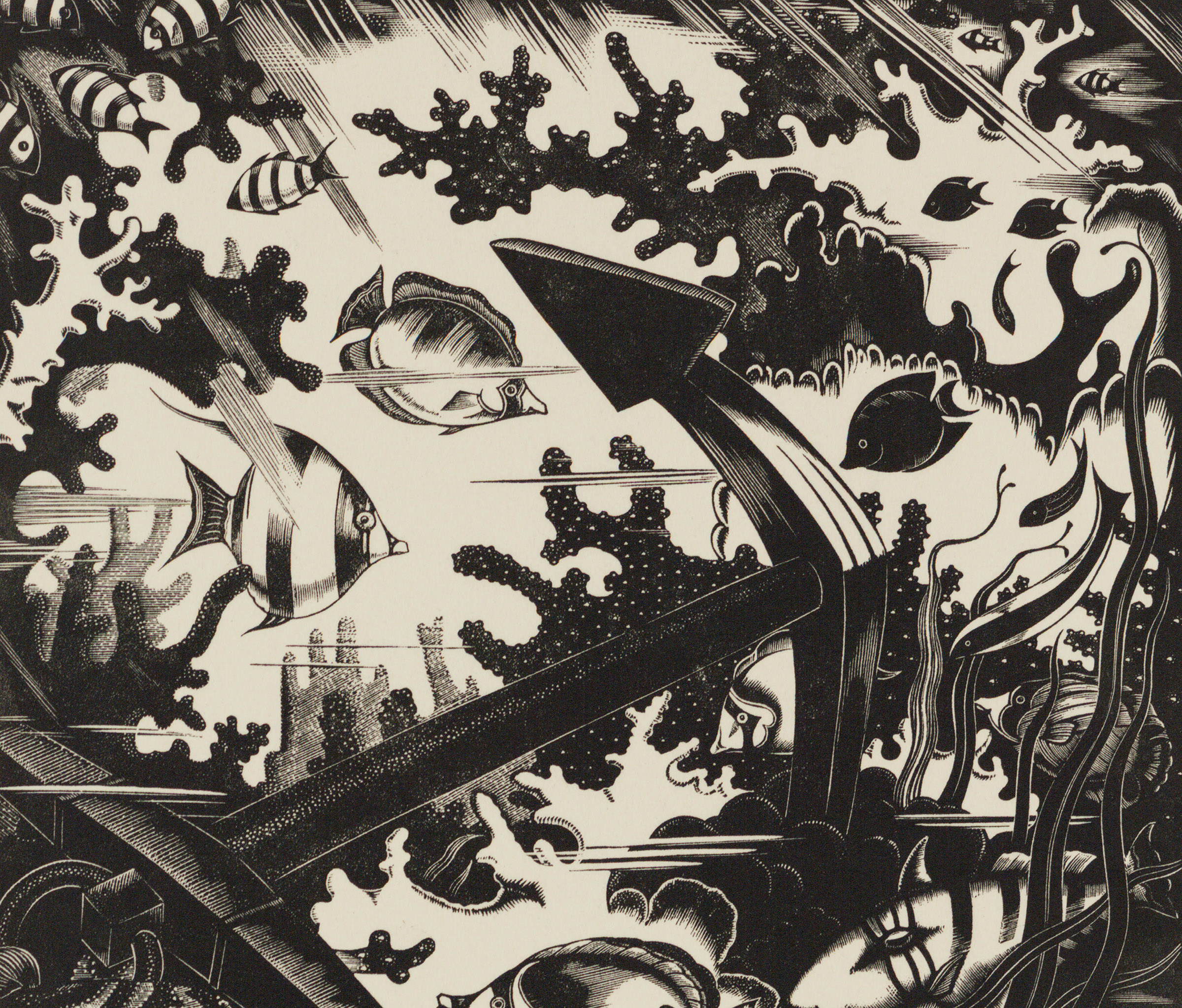 close up of a portion of a woodcut, with an underwater motif