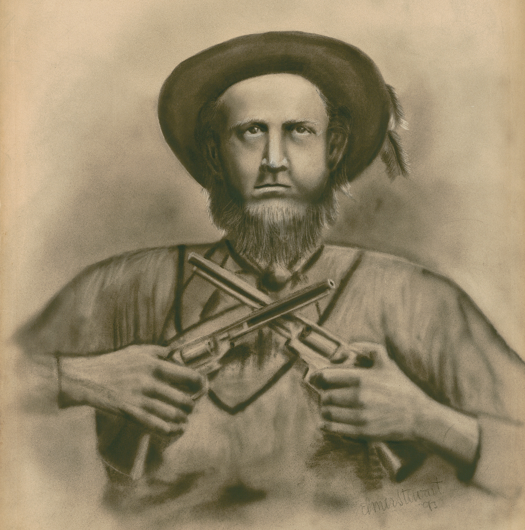 A man in Western garb holding a pistol and each hand which are crossed in front of his chest.