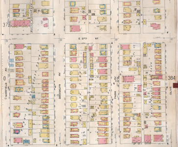 Page of a hand-drawn block map, with color-coded properties