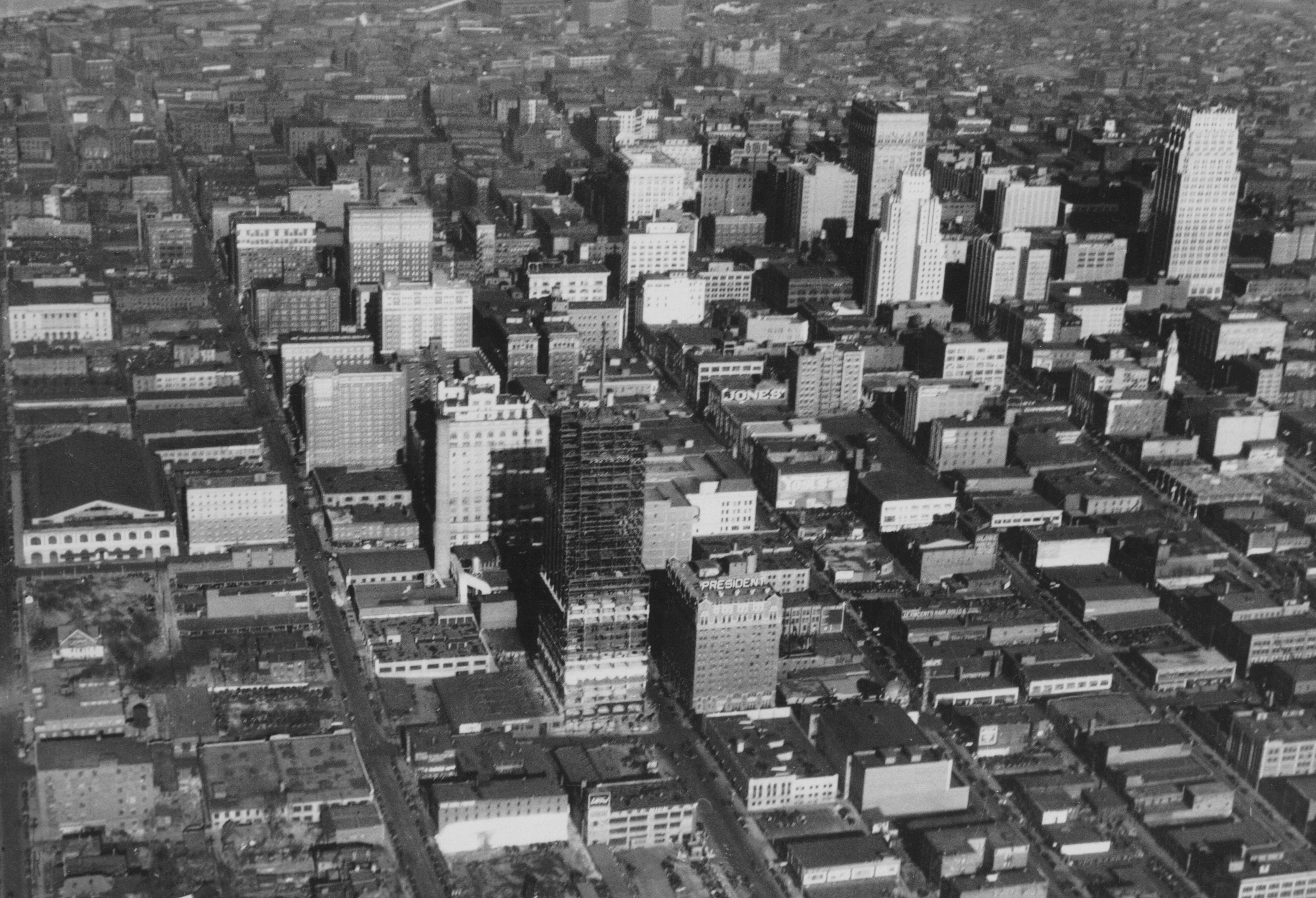 Aerial view of a downtown area with tall buildings