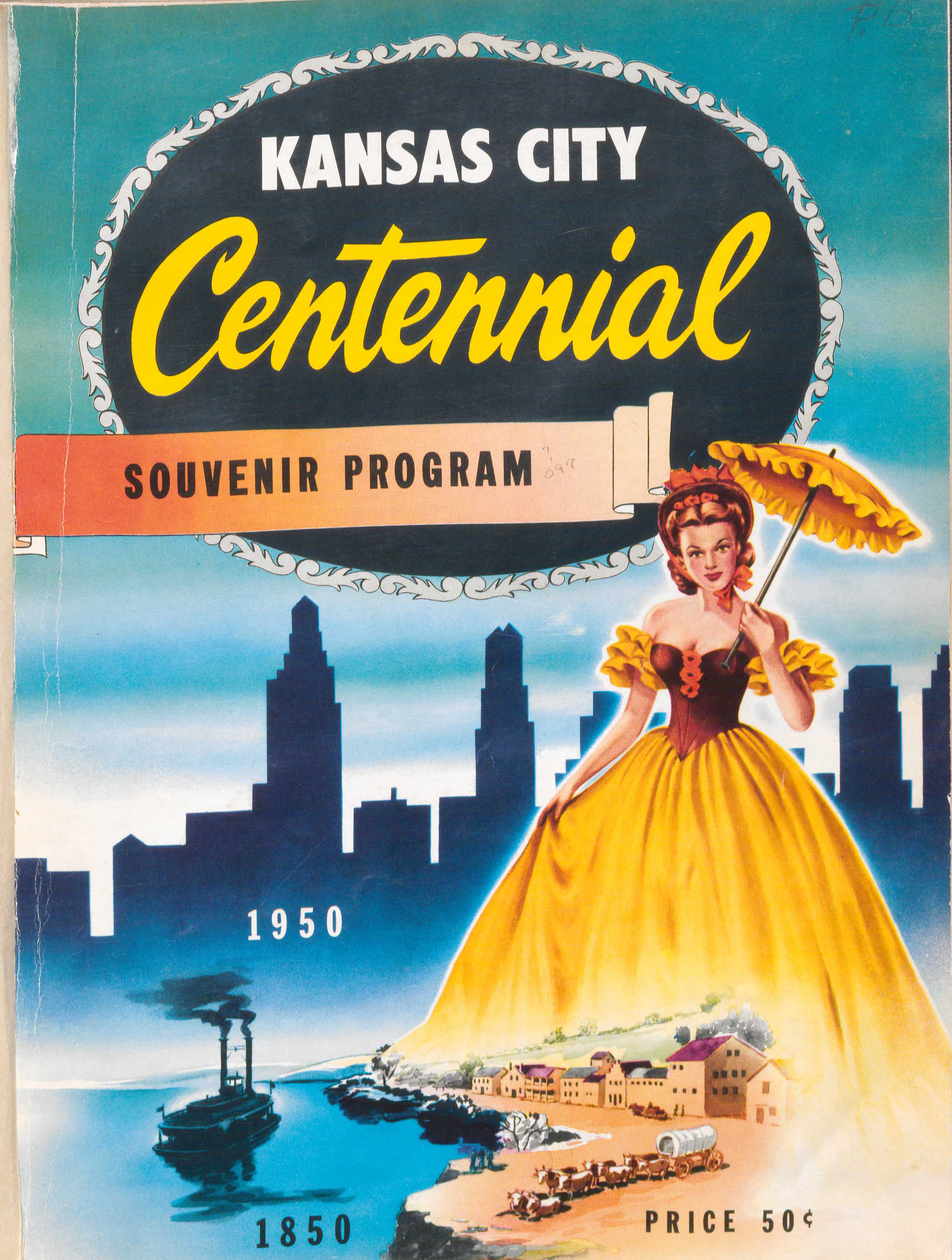 Cover of a booklet featuring a woman in a yellow gown holding a parasol in front of a darkened skyline. The title reads "Kansas City Centennial Program Souvenir"