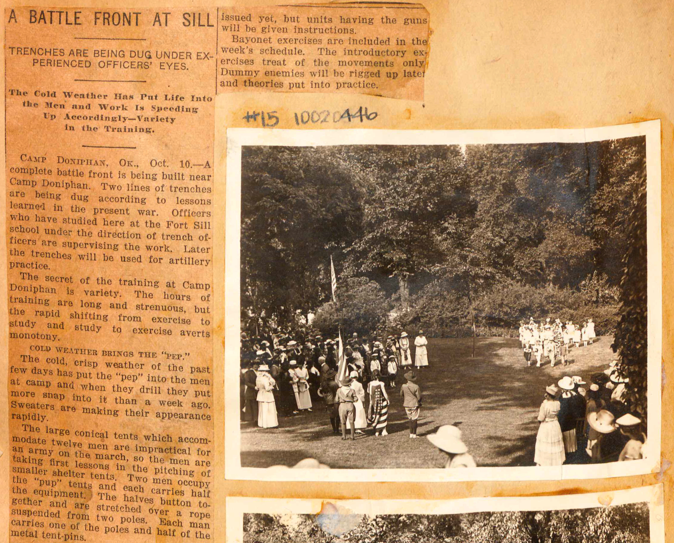 Portion of a scrapbook page with a newspaper clipping and two photographs affixed to the page.