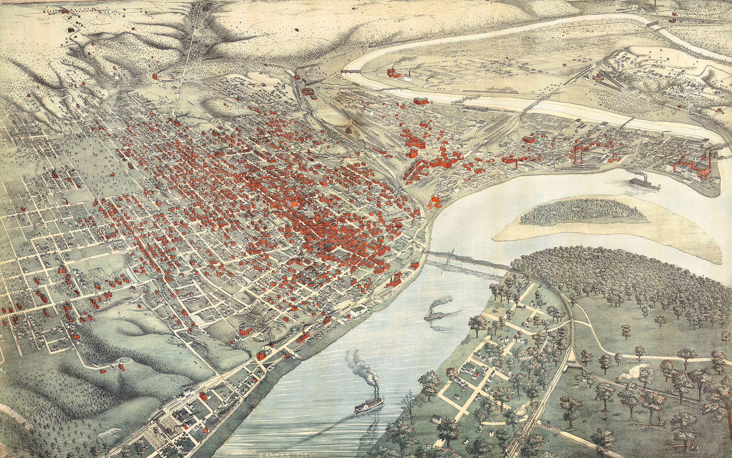 Detail of an illustrated map showing a curving river.