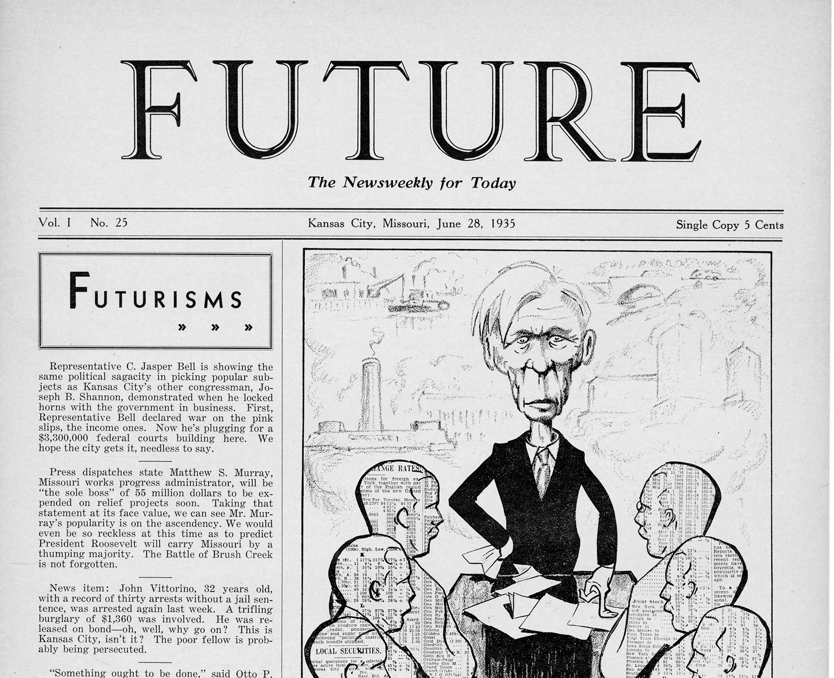 Cover of a newspaper called "Future" featuring a charicature of a man in front of a small group.