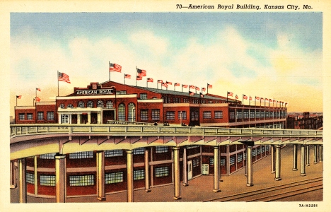 Postcard image of a large arena topped with American flags with a viaduct in front of it