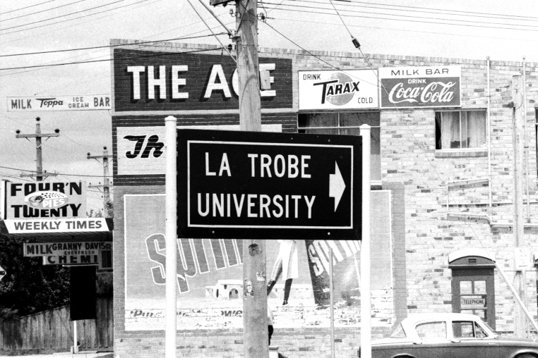 Street sign for La Trobe University, 1971.