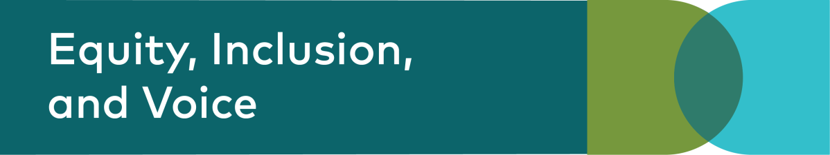 A teal banner with "Equity, Inclusion and Voice" written in white.