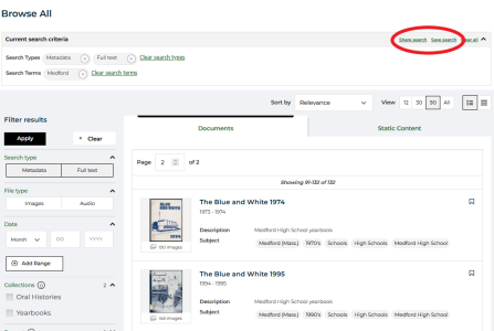 Image of the browse all page with the start search/save search links in the upper right corner highlighted.