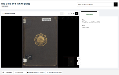 Image of viewer showing the cover of the 1915 cover of Medford High's Blue and White yearbook