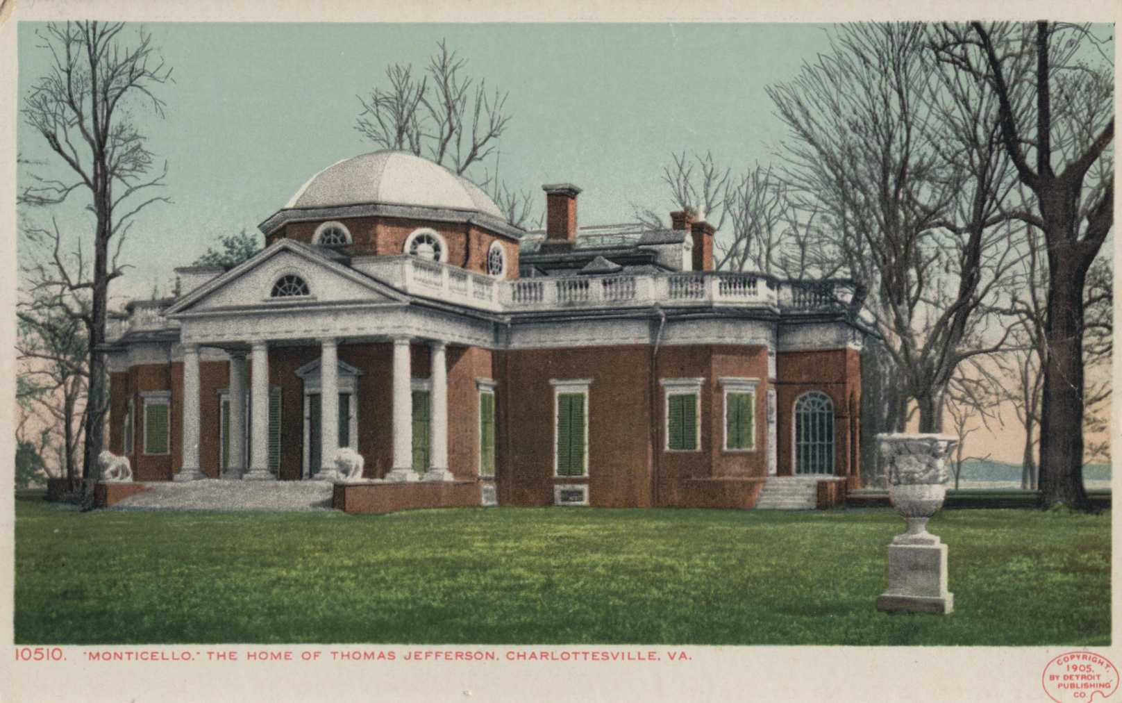 Hand-colored postcard of Monticello seen from the south-west