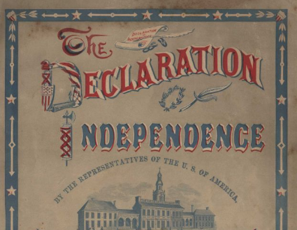Cover of a reprint of the Declaration of Independence with the title in decorative font.