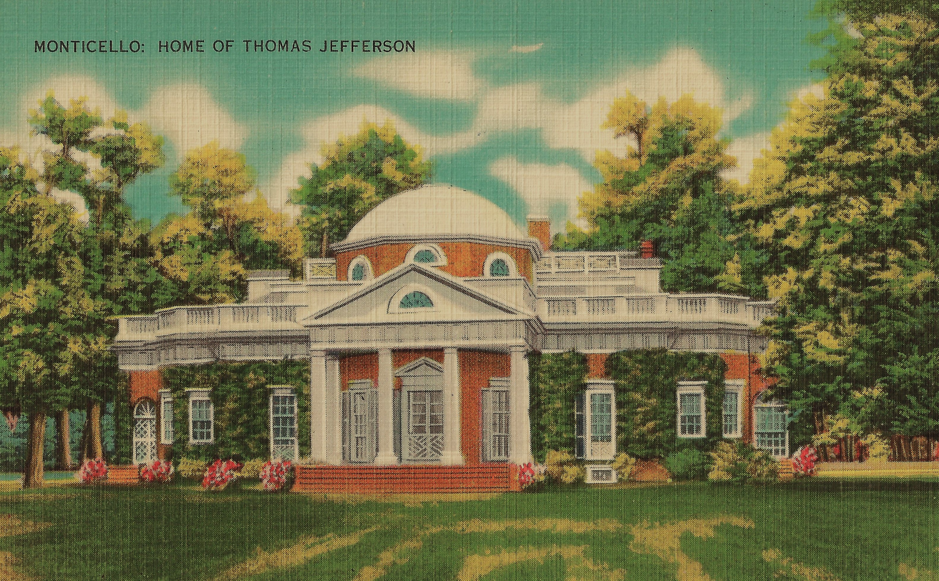 Vintage color postcard of Monticello's West Front in spring or summer - the trees around the house are in full leaf.