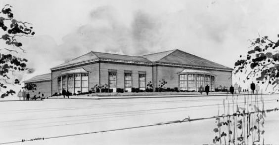 architect's sketch of the proposed new Falls Church Public Library from the 1950s