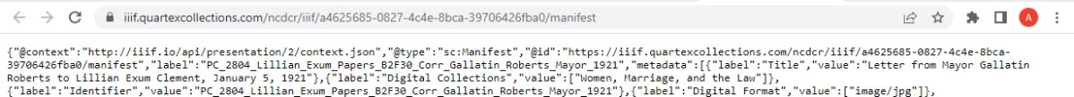 Manifest for IIIF record showing browser URL and XML