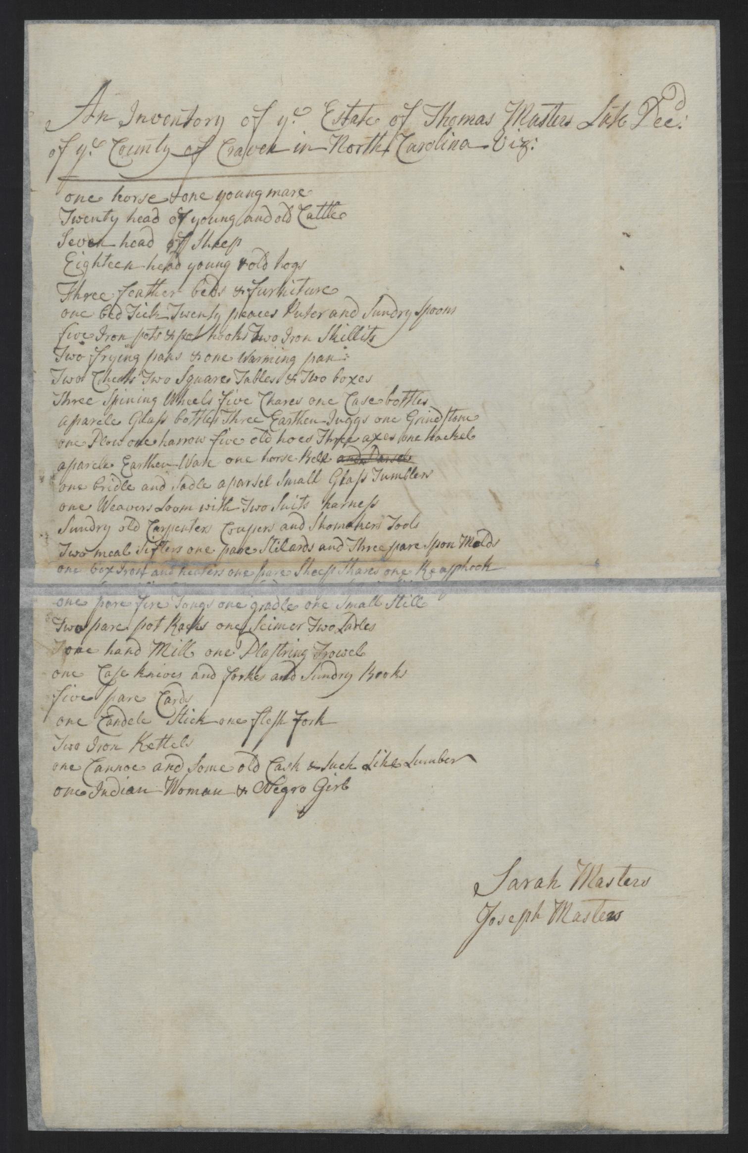 A handwritten legal document from the 18th century that consists of a list of belongings of Thomas Masters, deceased.