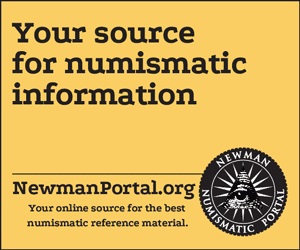 Black text on yellow background reads "Your source for numismatic information. NewmanPortal.org. Your online source for the best numismatic reference material." Text is accompanied by the Newman Numismatic Portal logo.