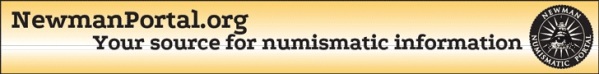 Thin banner with yellow gradient background. Black text reads: "NewmanPortal.org. Your source for numismatic information." with the Newman Numismatic Portal logo to the right.