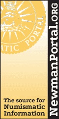 Portrait block with yellow background and dark yellow version of the Newman Numismatic Portal logo. Black text at the bottom reads "The source for Numismatic Information". A thin black strip along the right side has sideways text: "NewmanPortal.ORG".