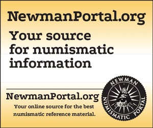 Black text on yellow gradient background reads "NewmanPortal.org. Your source for numismatic information. NewmanPortal.org. Your online source for the best numismatic reference material." Text is accompanied by the Newman Numismatic Portal logo.