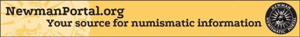 Thin banner with plain yellow background with a negative crop of the NNP logo. Black text reads: "NewmanPortal.org. Your source for numismatic information." with the Newman Numismatic Portal logo to the right.