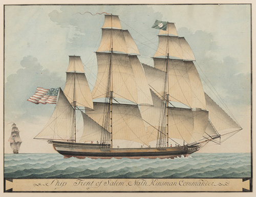 Watercolor starboard view with small stern view of same vessel in left distance; American ship flying William Gray house flag. Written in black and white lower margin: "Ship TRENT of Salem, Nath. Kinsman Commander"