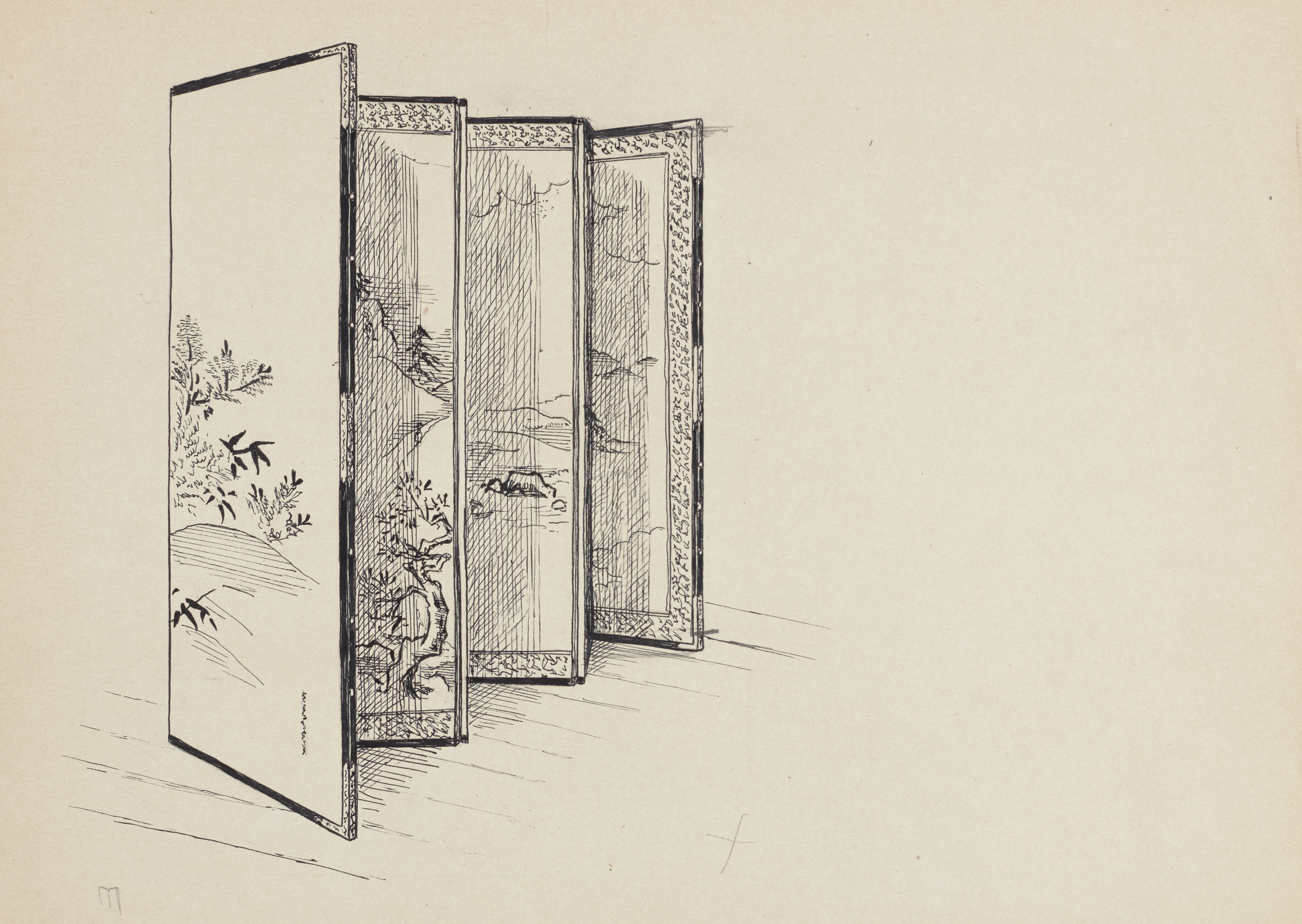 Pencil drawing of a Japanese folding screen against a beige background