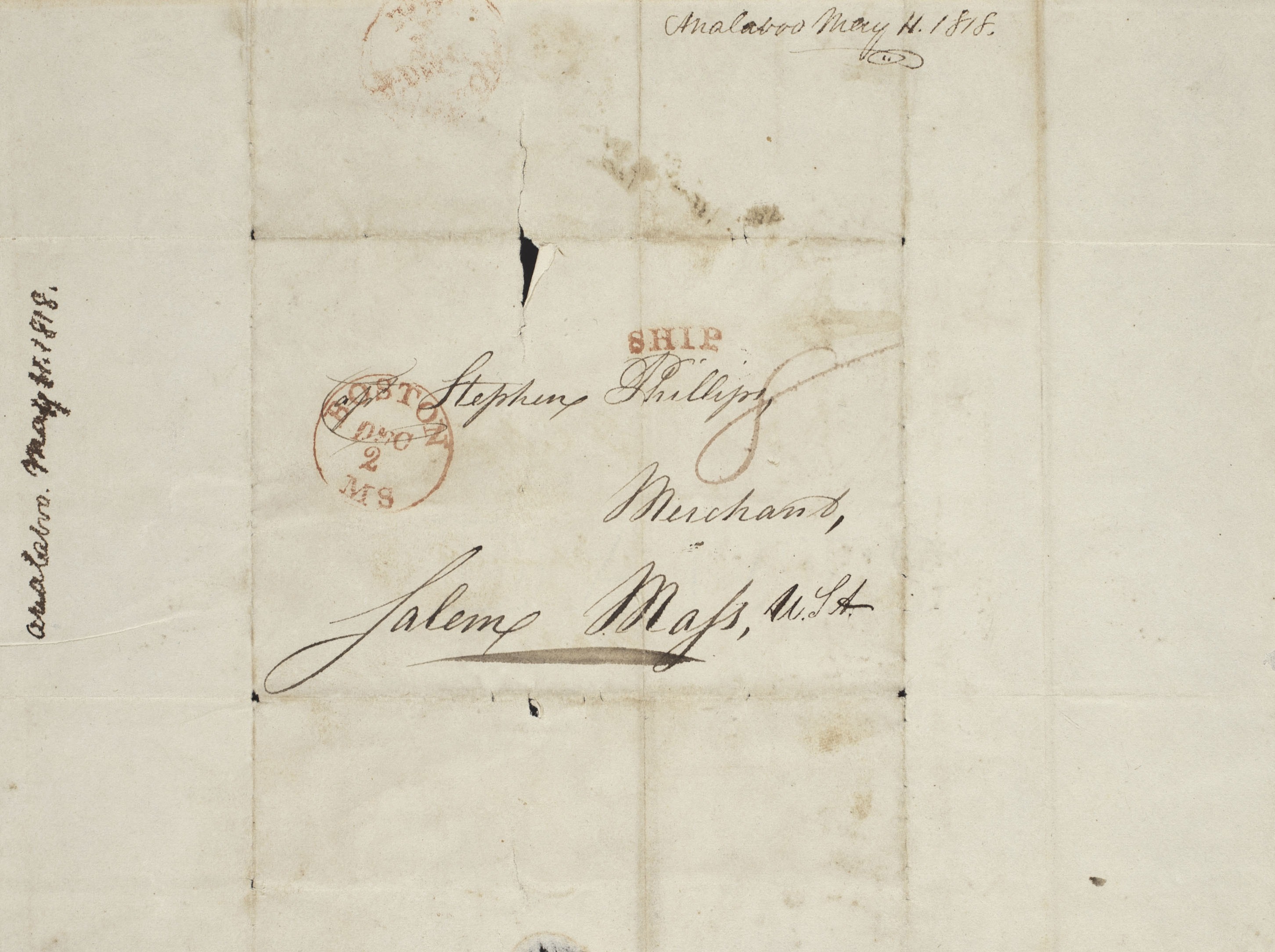 Letter addressed to Stephen Phillips of Salem, Massachusetts. 1818.
