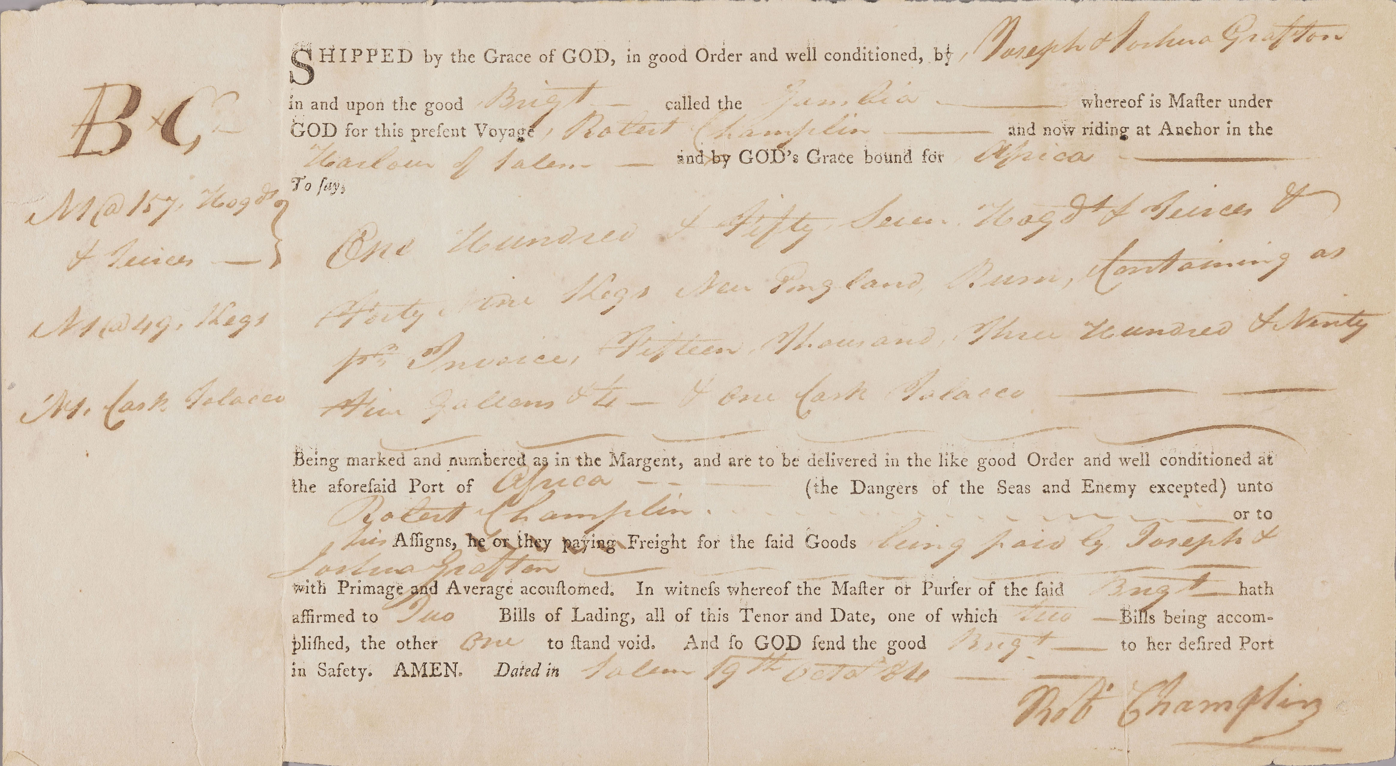 Bill of lading for the Brig Gambia, October 1784