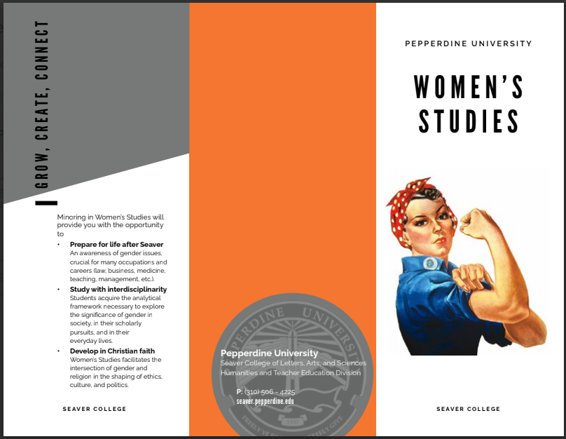 Page from Women's Studies brochure that includes learning outcomes for the program and an illustration of Rosie the Riveter