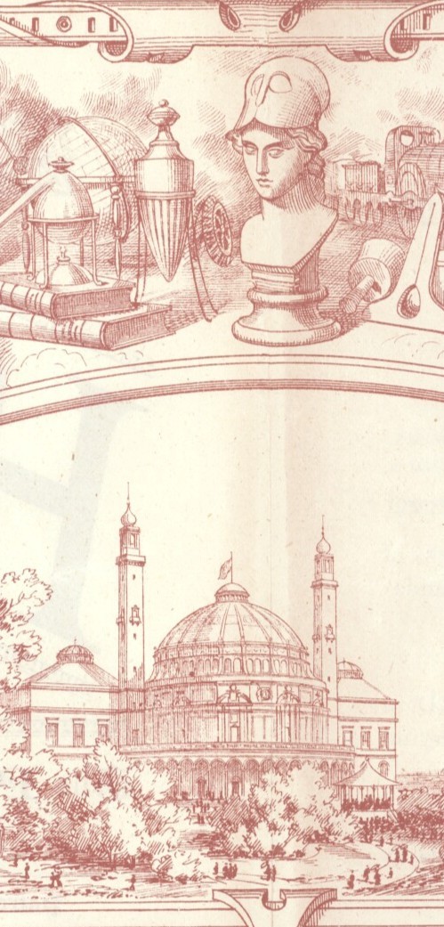 Pink and white illustration showing a palacial building surrounded by gardens with some symbolic illustrations above of a bust of a woman and scientific instruments.