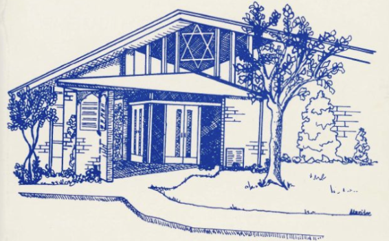 Blue line drawing of the Congregation Shearith Israel with a tree out front
