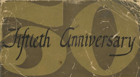 Section of page from book that has a dark gold "50" with cursive "Fiftieth Anniversary" on top