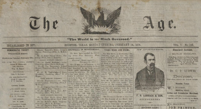 Top part of an edition of the Houston Age newspaper