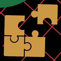 Gold colored puzzle pieces on a black, red and green background.