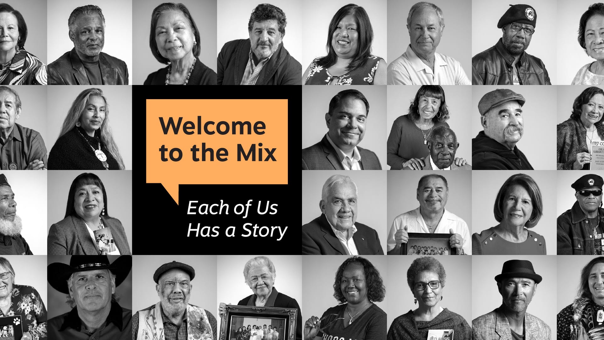 Many black and white studio portraits are arranged around a logo with an orange text box saying the name of the exhibit, "Welcome to the Mix."