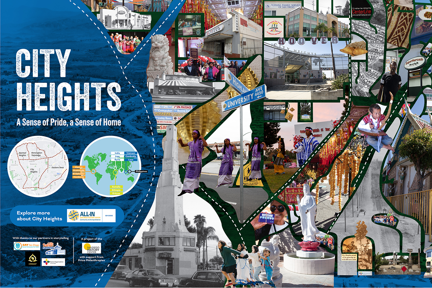 A color collage showing different scenes in a neighborhood: buildings, cars, people dancing, children playing.