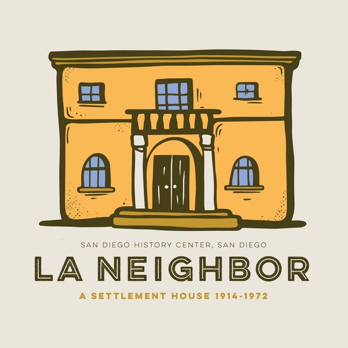 Yellow house on white background with green letters underneath spelling out "La Neighbor."